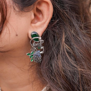 Antique Oxidized Silver Earrings – Peacock Design Green Stone Studs, Ethnic Boho Statement Jewelry, Traditional Indian Earrings