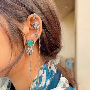 Ear cuff Earrings, Silver Oxidised Handmade Earrings, Wedding Wear, Party Wear Earrings, Lilac and Aqua Stone Earrings, Gift for Her