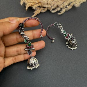 Oxidized Silver Ear Cuff Earrings – Statement Jhumka with Red & Green Stones – Handmade Traditional Festival Jewelry