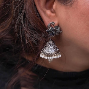 Oxidized Silver Peacock Jhumka Earrings – Handmade Dangle Earrings with Pearls, Traditional Boho Ethnic Jewelry