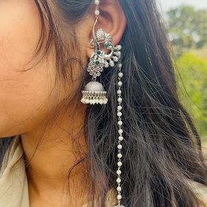 Peacock Design Oxidized Silver Ear Cuff Earrings with Long Chain, Traditional Jhumka with Green Stones and Pearls – Statement Indian Jewelry