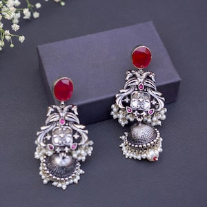 Antique Oxidized Silver Earrings – Red Stone Studs with Pearls, Handmade Jhumka Dangle, Traditional Indian Boho Jewelry
