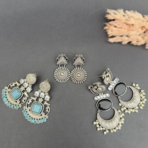Set of 3 earrings, antique silver earrings, handmade silver oxidised earrings, silver look alike earring, bohemian jewelry, gift for her