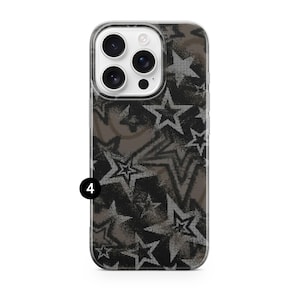 May include: A clear phone case with a black and gray star pattern. The case has a camera cutout and a black number 4 in the lower left corner. The stars are in various sizes and orientations.