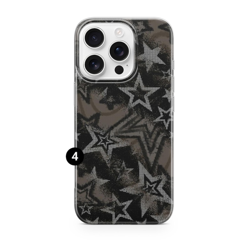 May include: A clear phone case with a black and gray star pattern. The case has a camera cutout and a black number 4 in the lower left corner. The stars are in various sizes and orientations.