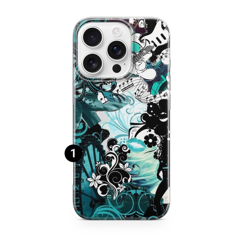 May include: A phone case with a vibrant design featuring musical notes, a guitar, and floral accents in black, white, and teal. The case has a glossy finish and a clear border.