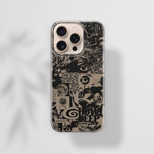 May include: A clear phone case with a black and white collage design. The design includes eyes, faces, and text that reads "HOW DEEP YOUR LOVE". The phone case has a gold camera ring and is on a white surface.