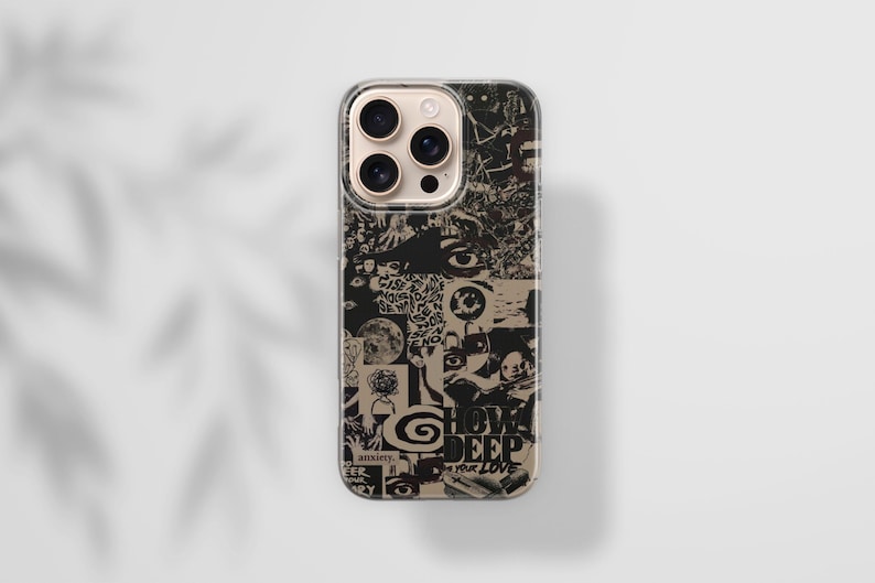 May include: A clear phone case with a black and white collage design. The design includes eyes, faces, and text that reads "HOW DEEP YOUR LOVE". The phone case has a gold camera ring and is on a white surface.