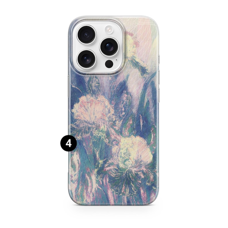 May include: A clear phone case with a floral design in shades of blue, purple, and white. The case features a painted style with visible brushstrokes, and the number "4" is printed in black on the bottom left corner.