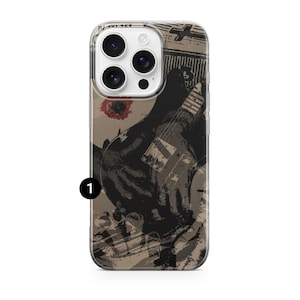 May include: A clear phone case featuring a black and gray guitar design. The case has a grunge aesthetic with a red accent and text at the top. The design is printed on a clear case, showcasing the phone's features.