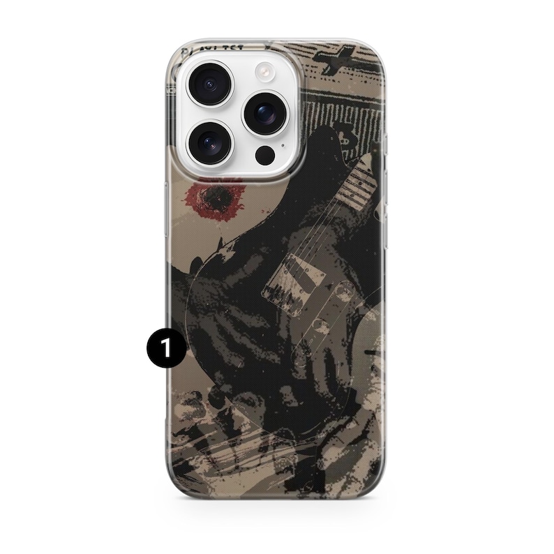 May include: A clear phone case featuring a black and gray guitar design. The case has a grunge aesthetic with a red accent and text at the top. The design is printed on a clear case, showcasing the phone's features.