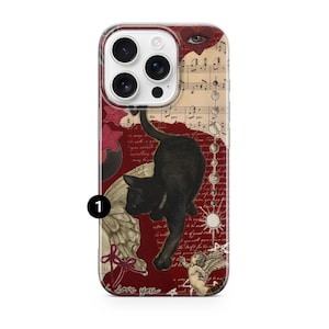May include: A clear phone case with a design featuring a black cat, angel, musical notes, and the words "I love you" on a burgundy background. The case has a protective bumper around the edges.