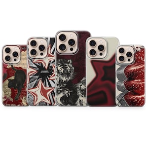 May include: Five phone cases with various designs. The cases display a black cat, a starburst with text, a tiger, a red star, and strawberries. Each case has a clear border.
