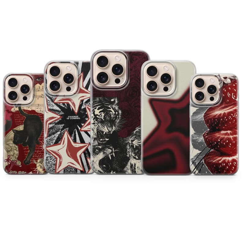 May include: A collection of five phone cases with unique designs. The cases feature a black cat, a starburst with text, a tiger, a red star, and strawberries. Each case has a clear border.