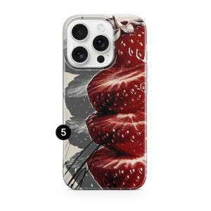 May include: A clear smartphone case featuring a graphic print of three stacked strawberry slices in deep red tones on the right side, contrasted by a light beige and dark gray abstract background on the left, with the number 5 in a black circle.