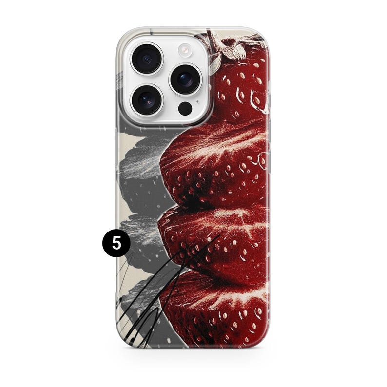 May include: A clear smartphone case featuring a graphic print of three stacked strawberry slices in deep red tones on the right side, contrasted by a light beige and dark gray abstract background on the left, with the number 5 in a black circle.