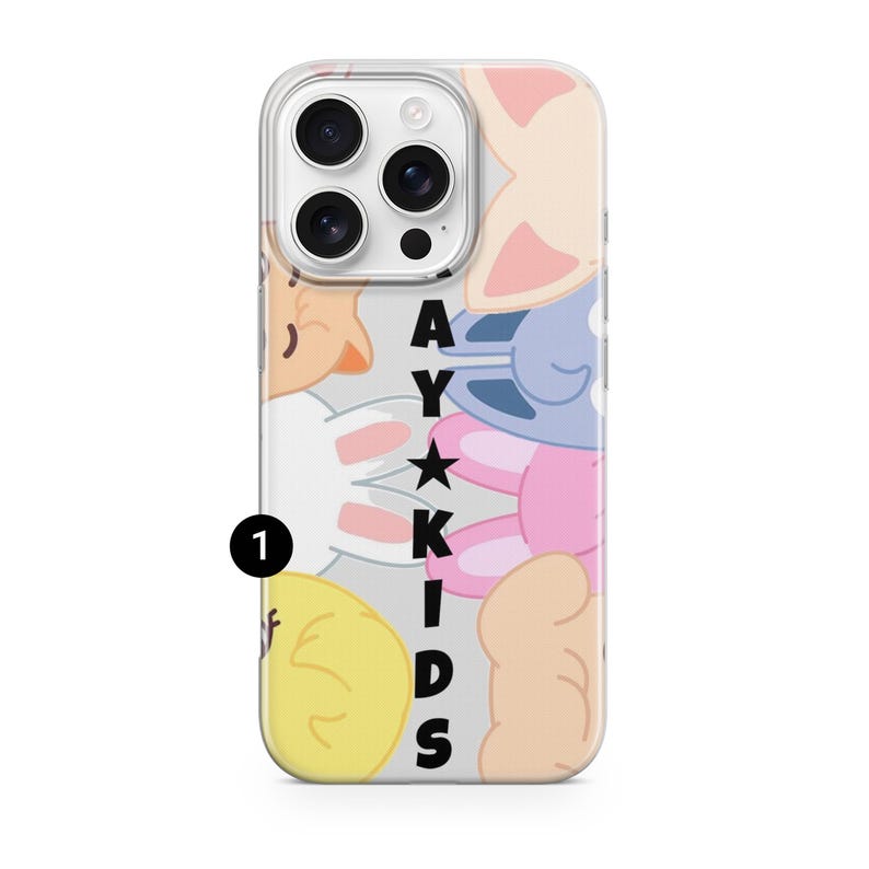 May include: Clear phone case with a colorful cartoon design. The case features a playful arrangement of bunny characters in various pastel colors, with the text "AYAKIDS" vertically aligned. The number "1" is visible in the lower left corner.