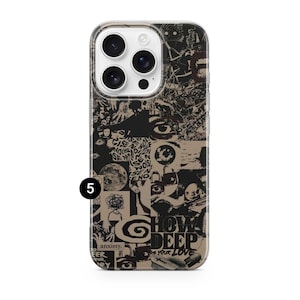 May include: A phone case with a collage design in shades of black, tan, and white. The design includes eyes, text, and other graphic elements. The text includes the words "HOW DEEP IS YOUR LOVE" and "anxiety."