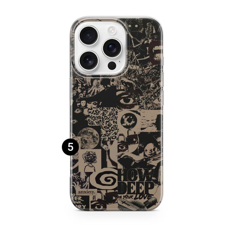 May include: A phone case with a collage design in shades of black, tan, and white. The design includes eyes, text, and other graphic elements. The text includes the words "HOW DEEP IS YOUR LOVE" and "anxiety."