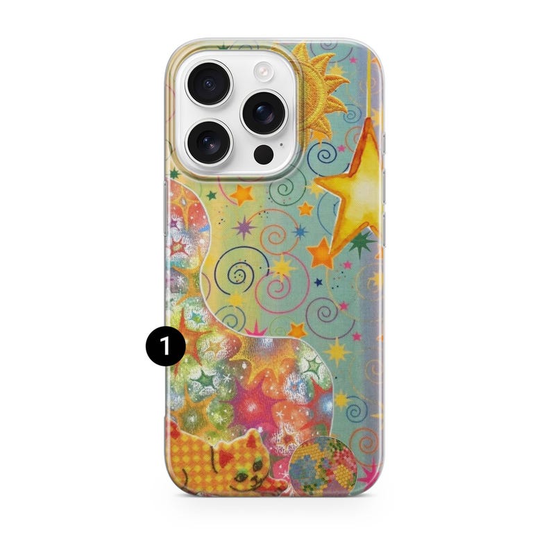 May include: A colorful phone case featuring a whimsical design with a cat, stars, and a sun. The case has a clear border and a vibrant, artistic pattern in shades of yellow, orange, blue, and green. The design includes swirls and a globe.