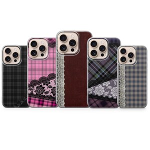 May include: Five phone cases with diverse designs. The cases showcase patterns like plaid, lace, and corduroy. Colours include black, pink, brown, and grey. Each case has a clear border.