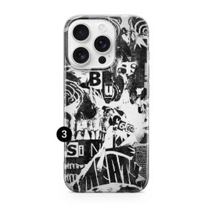 May include: A clear phone case with a black and white collage design. The design features torn paper with text and a skull graphic. The case has a camera cutout and a black number 3.