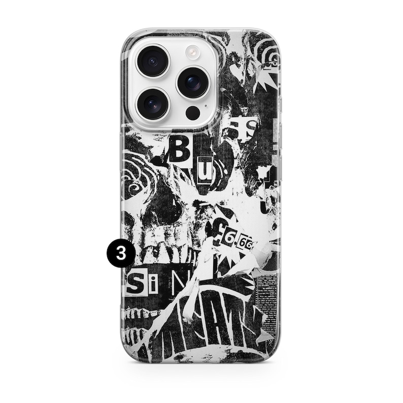 May include: A clear phone case with a black and white collage design. The design features torn paper with text and a skull graphic. The case has a camera cutout and a black number 3.