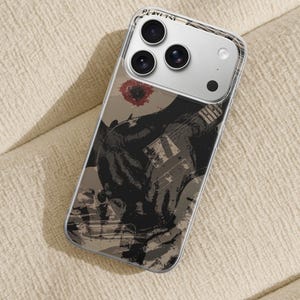 May include: Clear phone case featuring a black and gray guitar graphic with a red accent. The case has the word "PLAYLIST" printed at the top. The design is on a tan background.