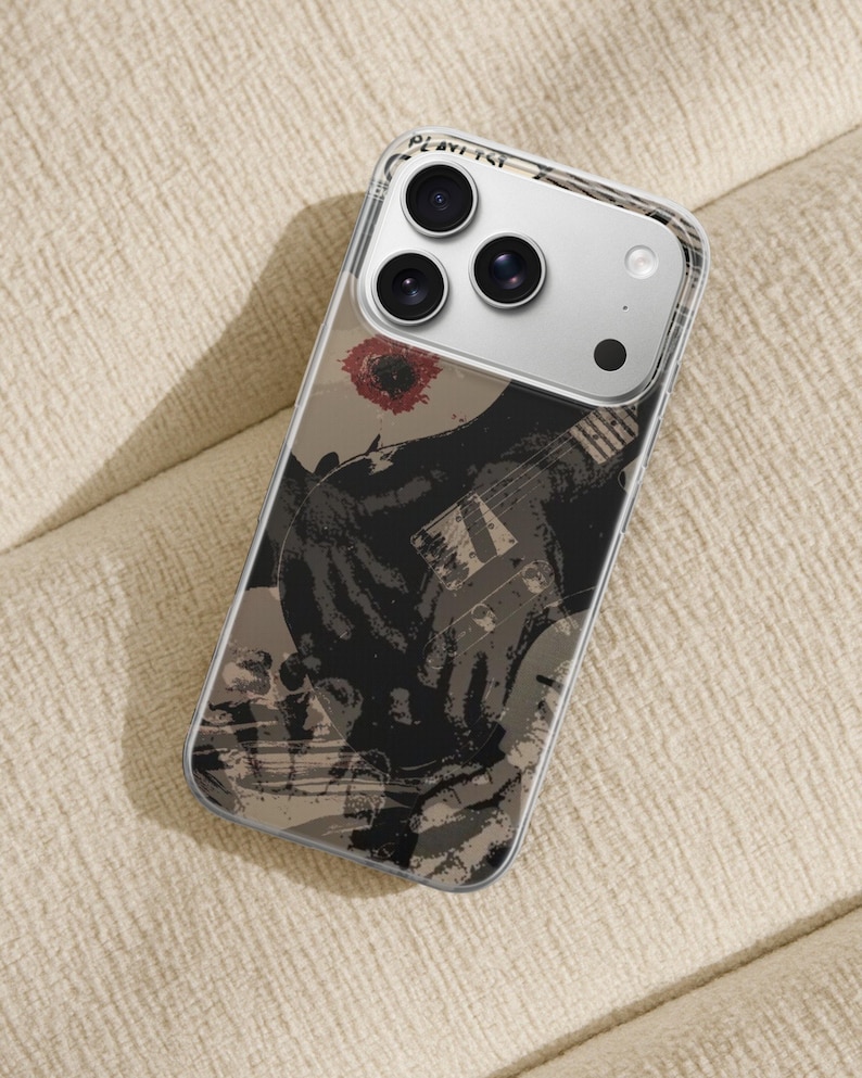 May include: Clear phone case featuring a black and gray guitar graphic with a red accent. The case has the word "PLAYLIST" printed at the top. The design is on a tan background.