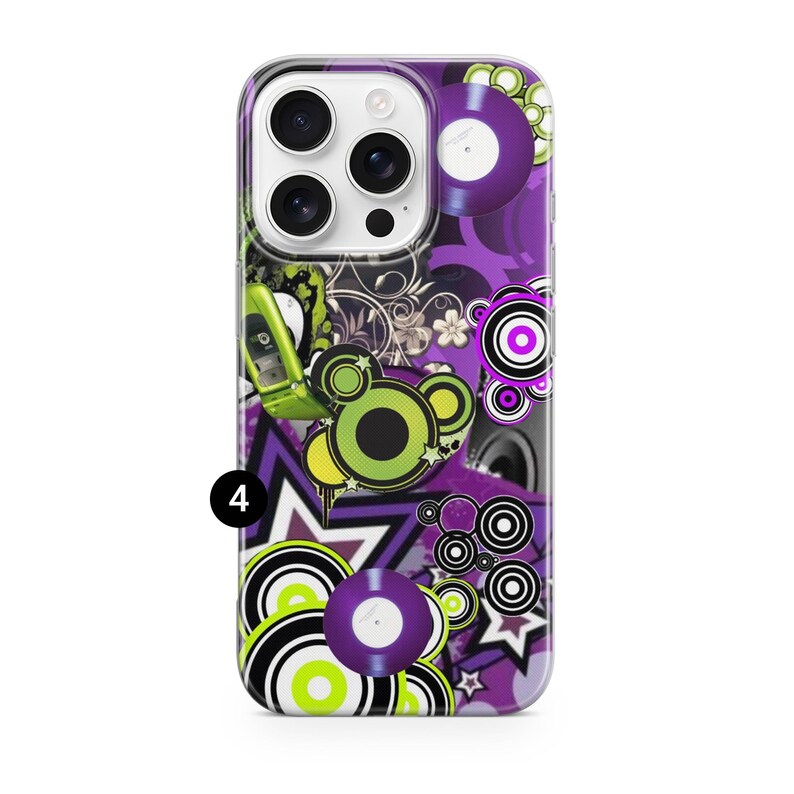 May include: A phone case with a vibrant, retro design. The case features a collage of purple, black, white, and green elements, including vinyl records, geometric shapes, and a flip phone. The number "4" is visible.