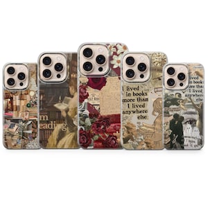 Może przedstawiać: Kolekcja pięciu etui na telefony z wzorami w stylu vintage. Etui przedstawiają obrazy książek, róż i cytatów takich jak "I lived in books more than I lived anywhere else". Paleta kolorów obejmuje odcienie beżu, czerwieni i brązu.
