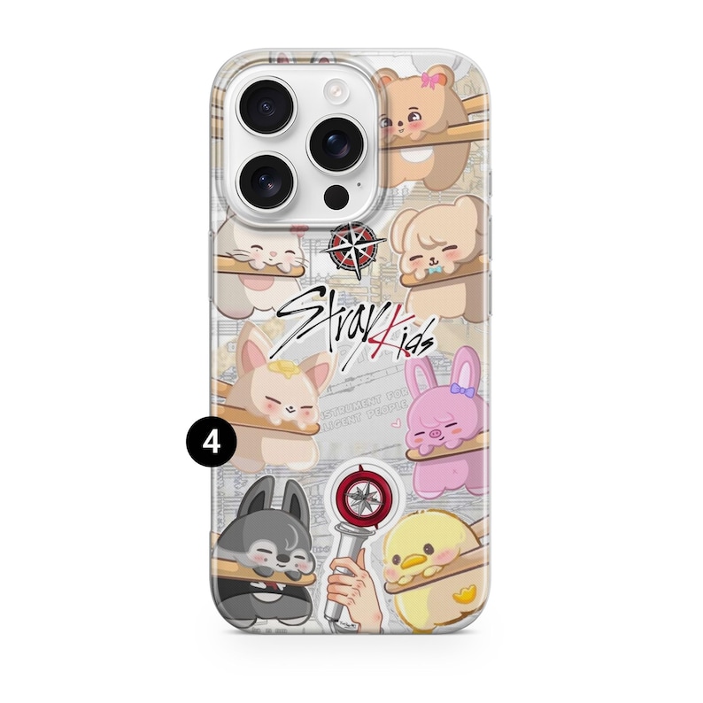 May include: Clear phone case featuring a design with cartoon animals and the text "Stray Kids." The case has a repeating pattern of cute animal characters, including a bear, cat, dog, bunny, and duck. A hand is holding a light stick with a red and white design.