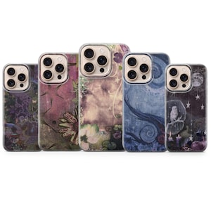 May include: A collection of five phone cases with various designs. The cases feature floral, celestial, and abstract art in shades of purple, blue, and cream. Each case has a clear border and a camera cutout.
