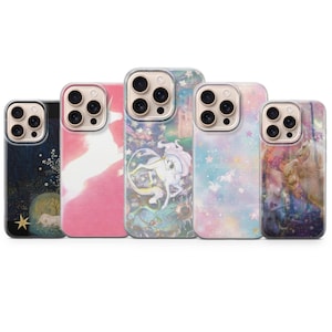 May include: Five smartphone cases arranged in a row, each featuring a unique design. The cases display various artistic illustrations including unicorns, starry night skies, and pastel celestial patterns in shades of pink, blue, and gold.