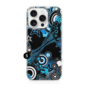 May include: A clear phone case with a black background and a blue and white geometric design. The design includes stars, circles, and lines. The number 5 is in a black circle in the lower left corner.