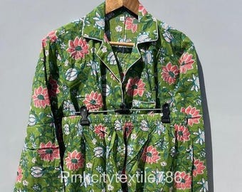 100% Cotton Flower Print Pajama Set, Long Sleeve Loungewear Shirt and Trouser