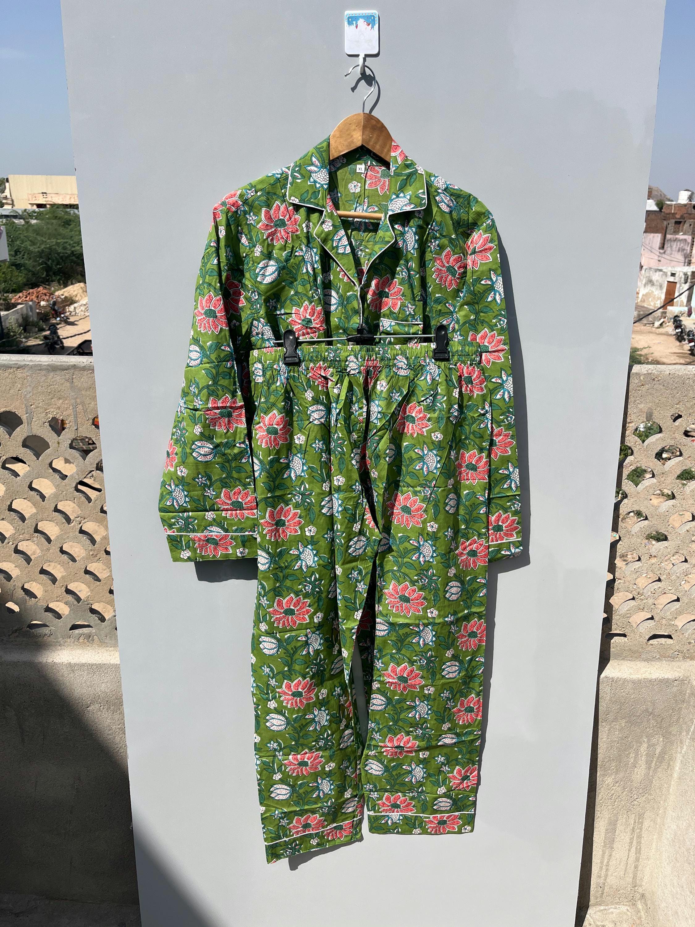 100% Cotton Flower Print Pajama Set, Long Sleeve Loungewear Shirt and Trouser