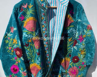 Handgemachte Samt-Suzani-Jacke, Blumenstickerei, Wendejacke, kurze Unisex-Jacke