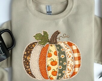 Faux Patchwork Pumpkin Sweatshirt, Checkered Pumpkin Hoodie, Autumn Thanksgiving Sweater, Cute Fall Crewneck
