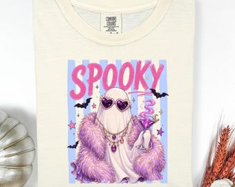 Comfort Colors Spooky Glam Ghost Shirt, Pink Aesthetic Halloween Tee, Y2K Ghost Sunglasses Fur Coat, Girly Spooky Season T-Shirt