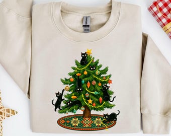 Cute Christmas Tree Cat Lover Sweatshirt, Funny Holiday Cat Hoodie