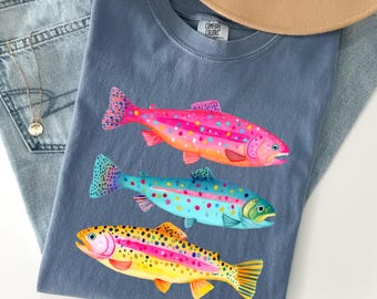 Comfort Colors® Fish Shirt, Rainbow Trout Fishing Shirt, Preppy Summer Graphic Tee, Bright Color Fish T-Shirt, Outdoor Girls Fishing Shirt