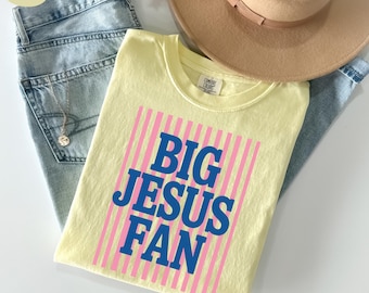 Big Jesus Fan Shirt, Comfort Colors, Womens Religious Gifts, Striped Preppy Christian T-Shirt, Faith Inspirational