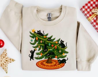 Funny Christmas Tree Sweatshirt, Cute Cat Hoodie, Cat Lover Sweatshirt