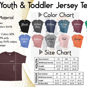 The image is a colorful t-shirt design featuring a youth and toddler jersey t-shirt with a color chart and size chart. The design includes various t-shirt colors and sizes, along with measurements and descriptions for each.