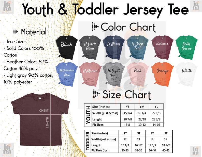 The image is a colorful t-shirt design featuring a youth and toddler jersey t-shirt with a color chart and size chart. The design includes various t-shirt colors and sizes, along with measurements and descriptions for each.