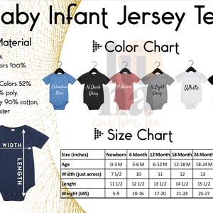 The image is a size chart for a baby infant jersey t-shirt, providing measurements and corresponding color charts for different age groups.