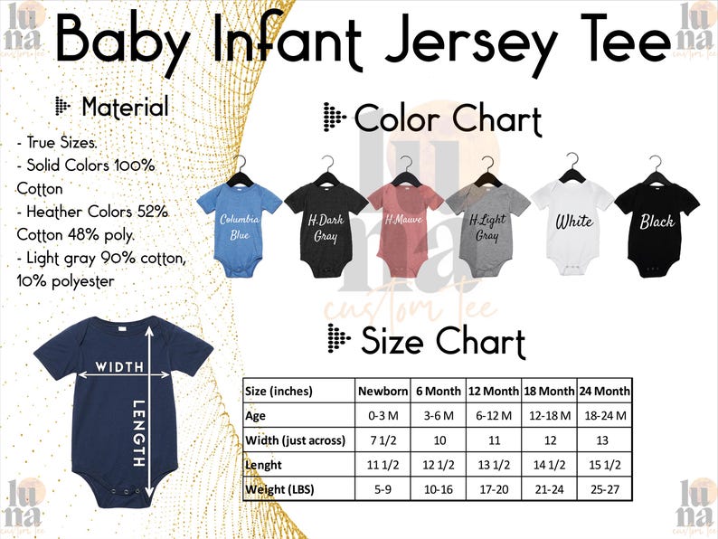 The image is a size chart for a baby infant jersey t-shirt, providing measurements and corresponding color charts for different age groups.