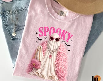 Comfort Colors Spooky Glam Ghost Shirt, Sunglasses Ghost Halloween Tee, Girly Spooky Season Gift for Women