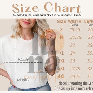 The image is a size chart for a 1717 unisex t-shirt, showing the width and length measurements for different sizes.